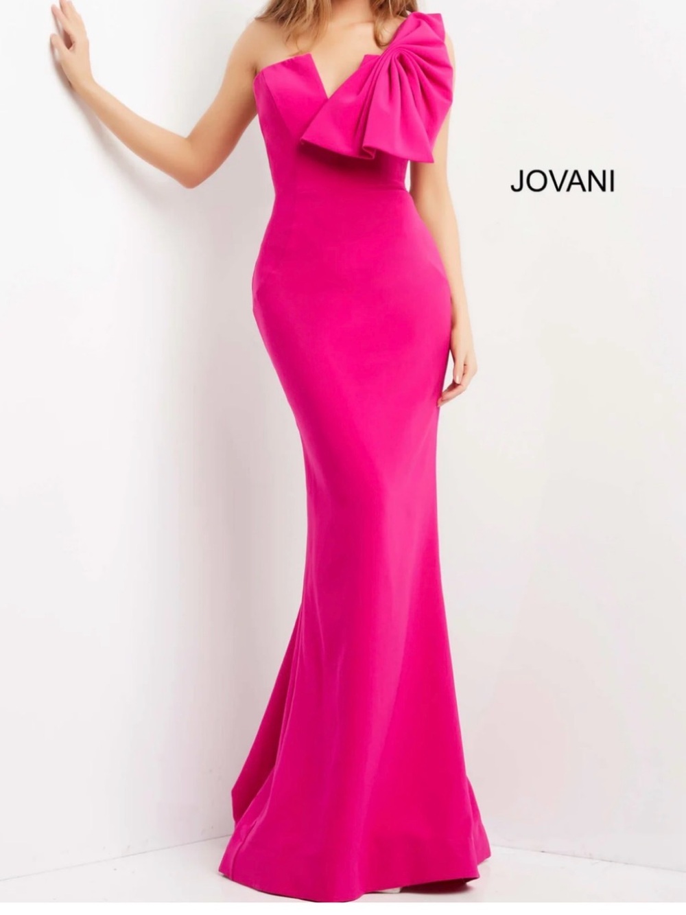Jovani 07306B Fuchsia One Shoulder Bow Mermaid Gown